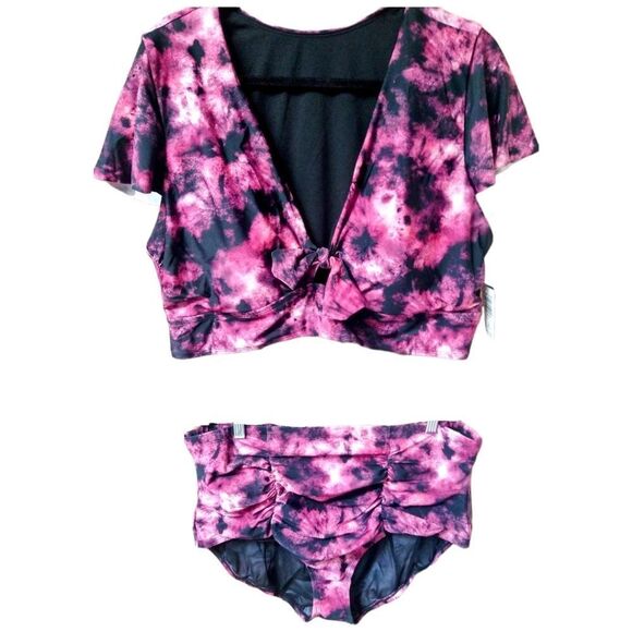 Torrid Plus Size Tie Dye Fuchsia & Black High Waist Ruched Two Piece SwimSuit3X - Picture 3 of 15